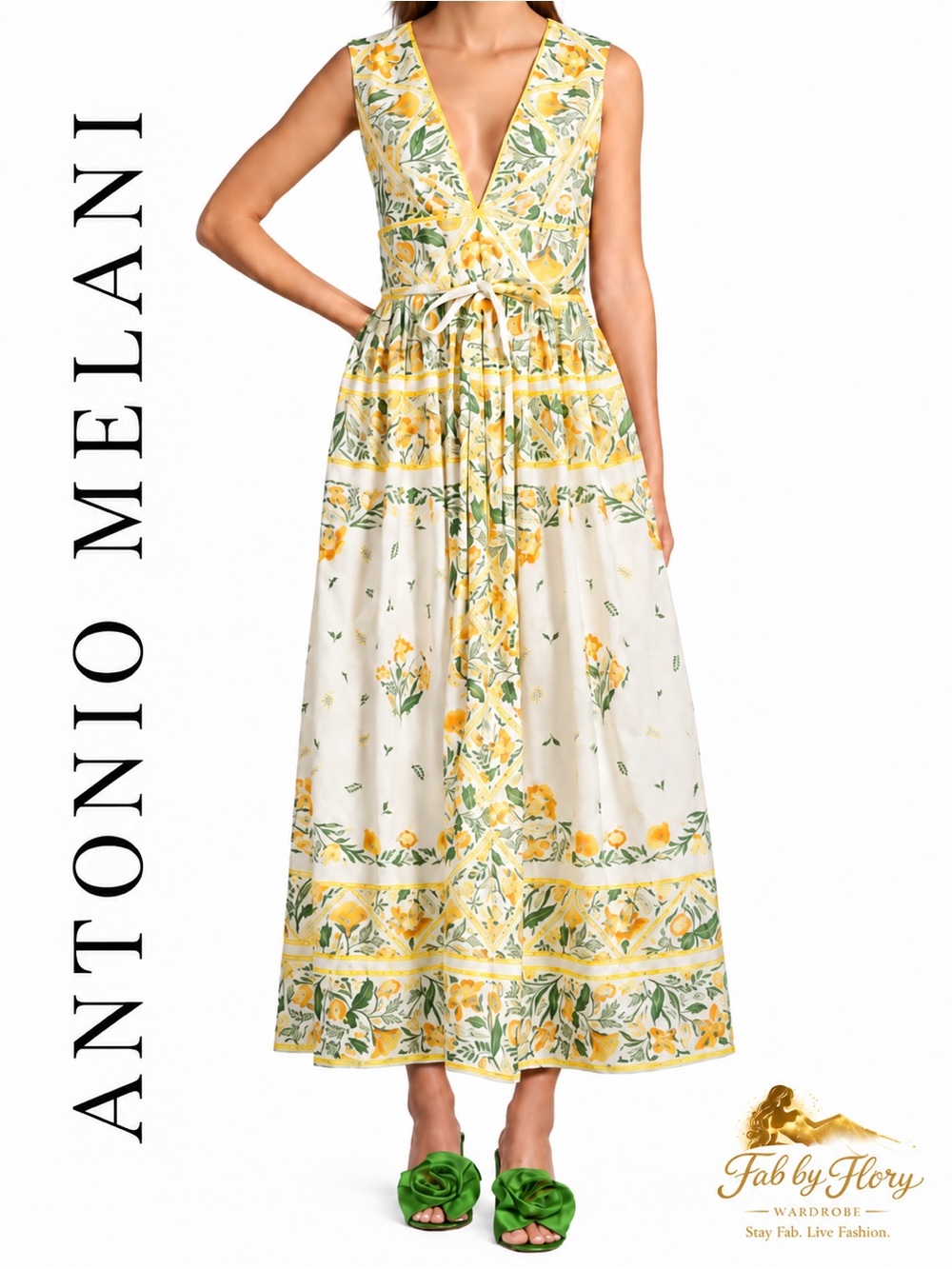 ANTONIO MELANI Style by Simkins Botanical Floral Belted Maxi Dress Size 12 NWT